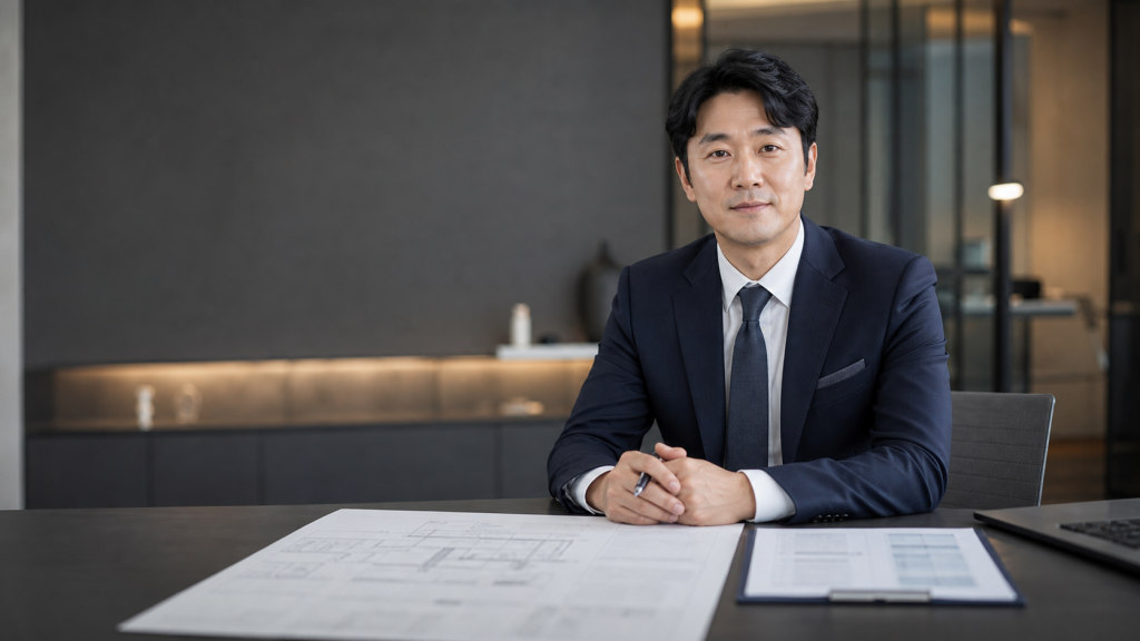 리모델링 비용 컨설턴트가 상담 테이블에서 도면과 견적서를 검토하는 모습